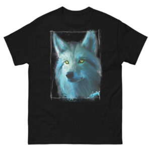 Blue wolf design on a black t-shirt